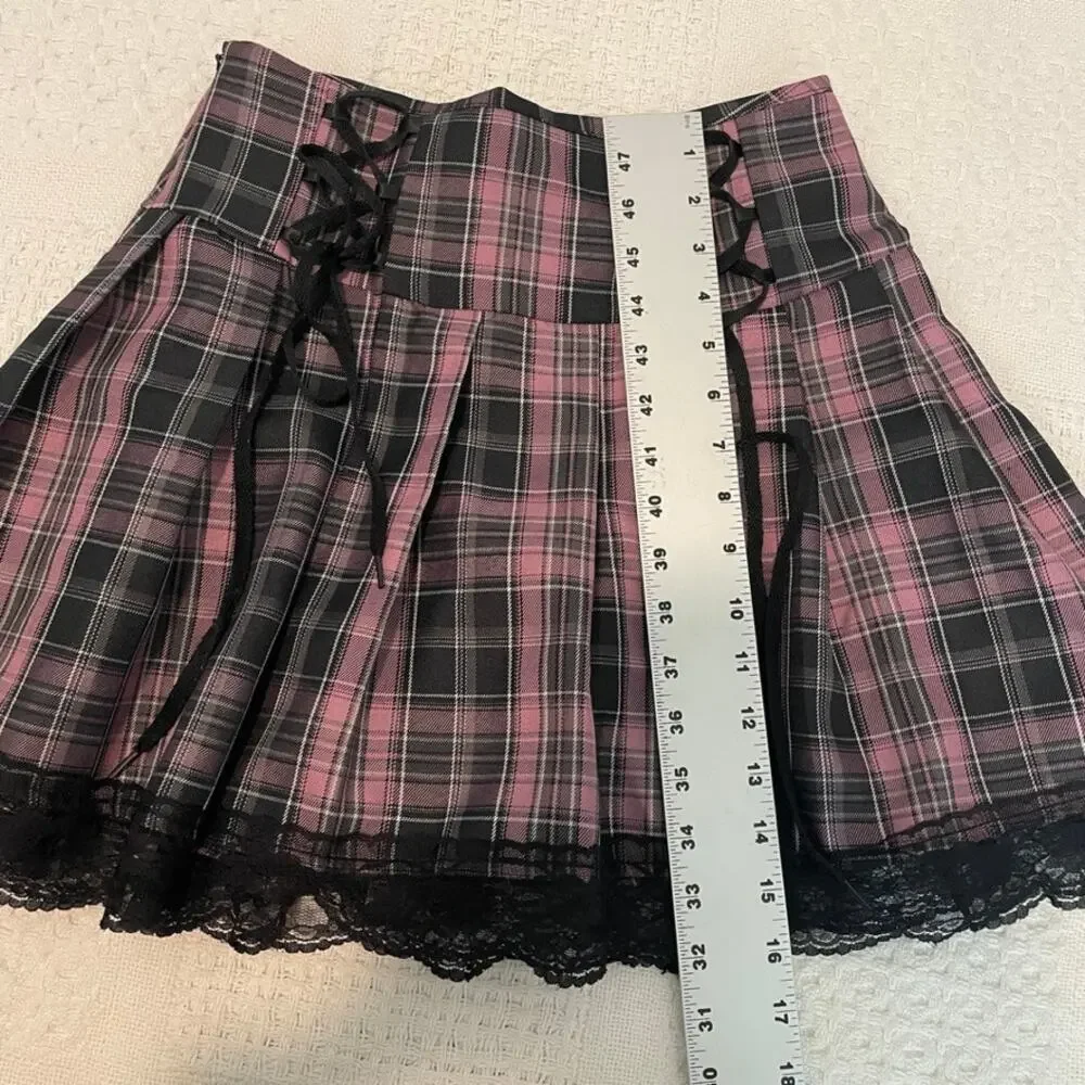 Romwe small schoolgirl plaid lace tie mini skirt cosplay SK 3467